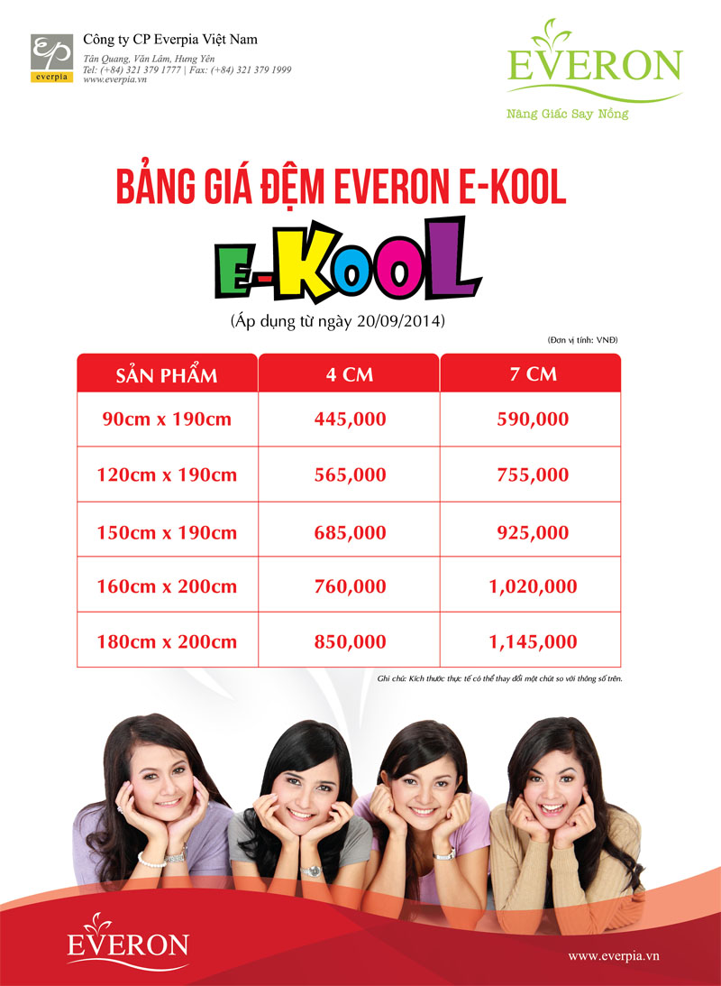 bảng giá đệm everon ekool